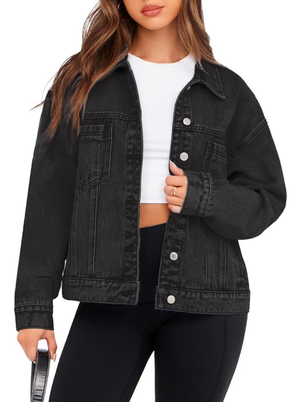 Women's Black Oversized Jean Jacket Casual Long Sleeve Button Down Denim Jacket